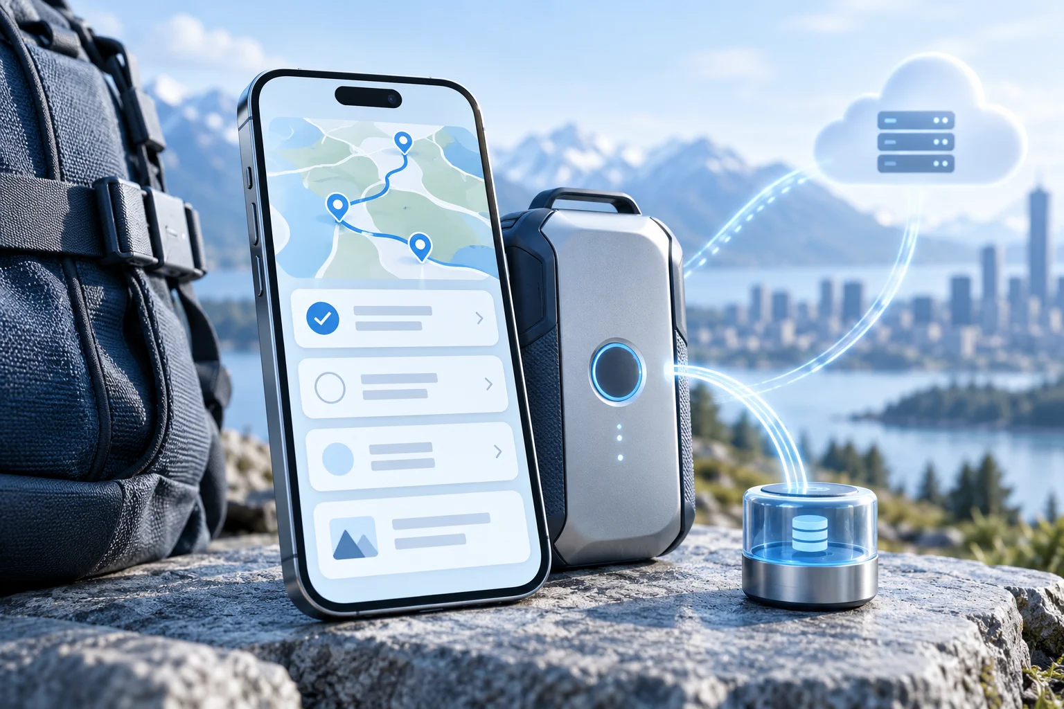Verbindungsdiagramm zwischen mobiler App, API-Server und Datenbank.