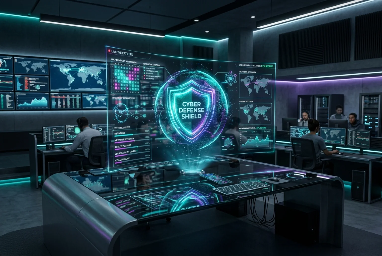 Cybersicherheits-Leitstand mit holografischem Schutzschild und Schwachstellen-Scanner.