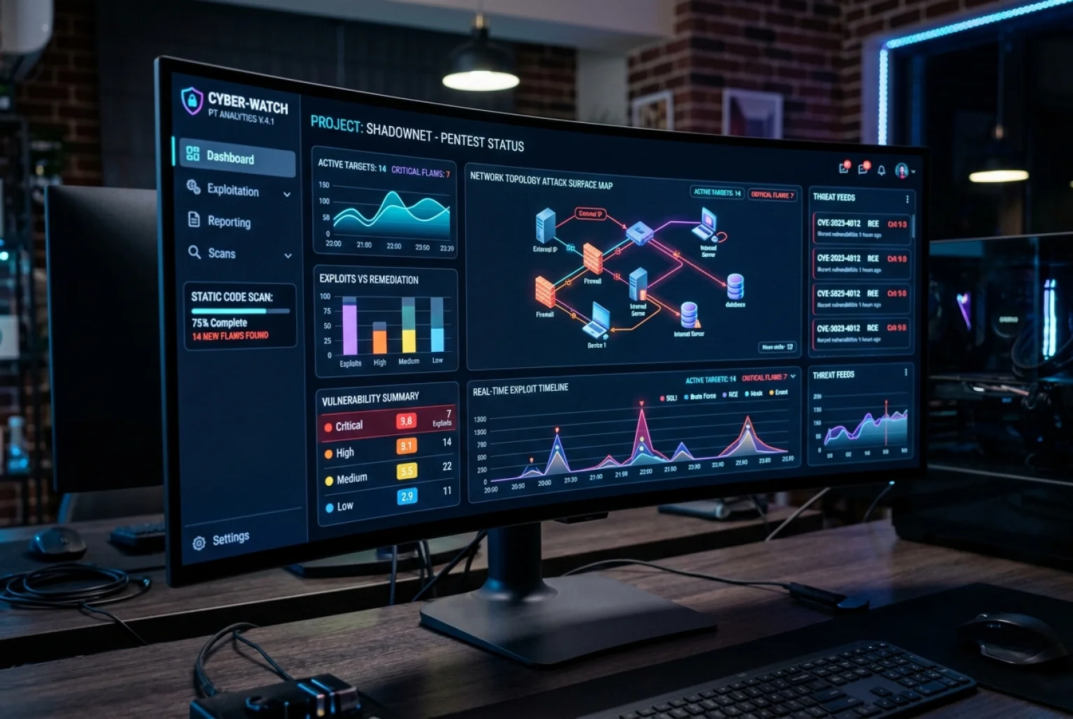Pentesting-Dashboard mit CVSS-Metriken, Netzwerktopologie und Bedrohungsanalysen.