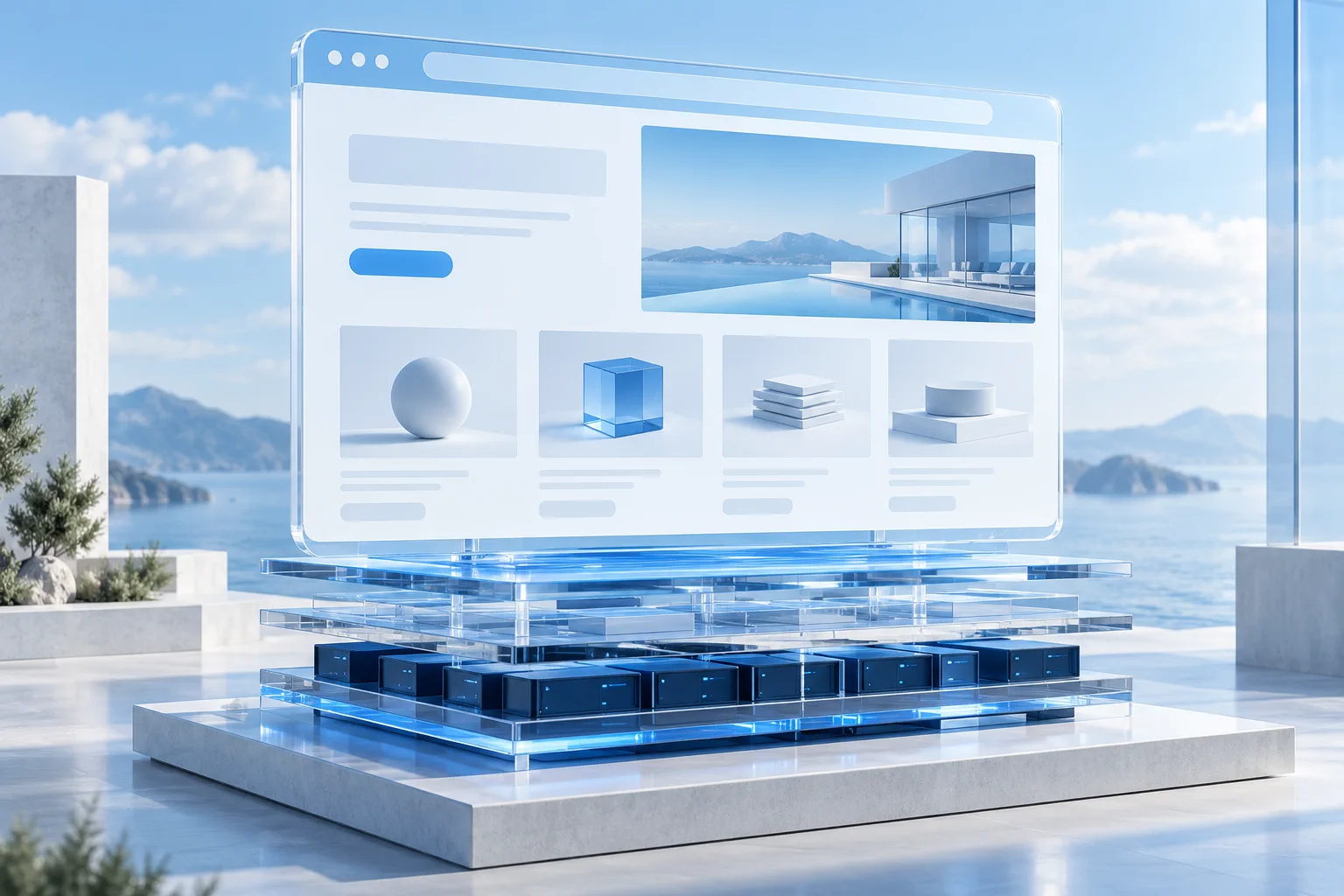 Website-Struktur mit visuellen Blöcken, Tabs und Multi-Geräte-Ansicht.